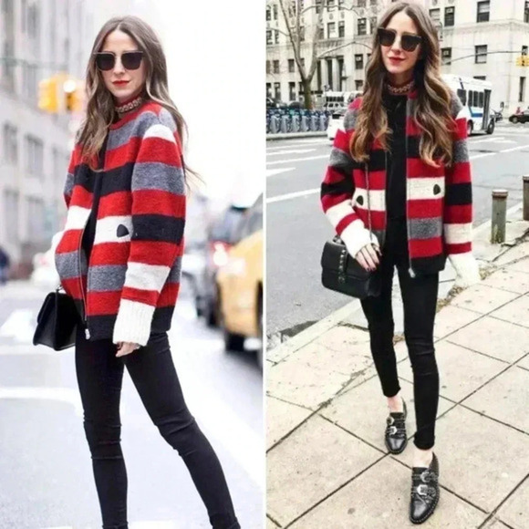 Etoile‎ Isabel Marant Fimo Stripe Blanket Jacket Coat Red Black Size 34 / 2 US - Picture 1 of 16